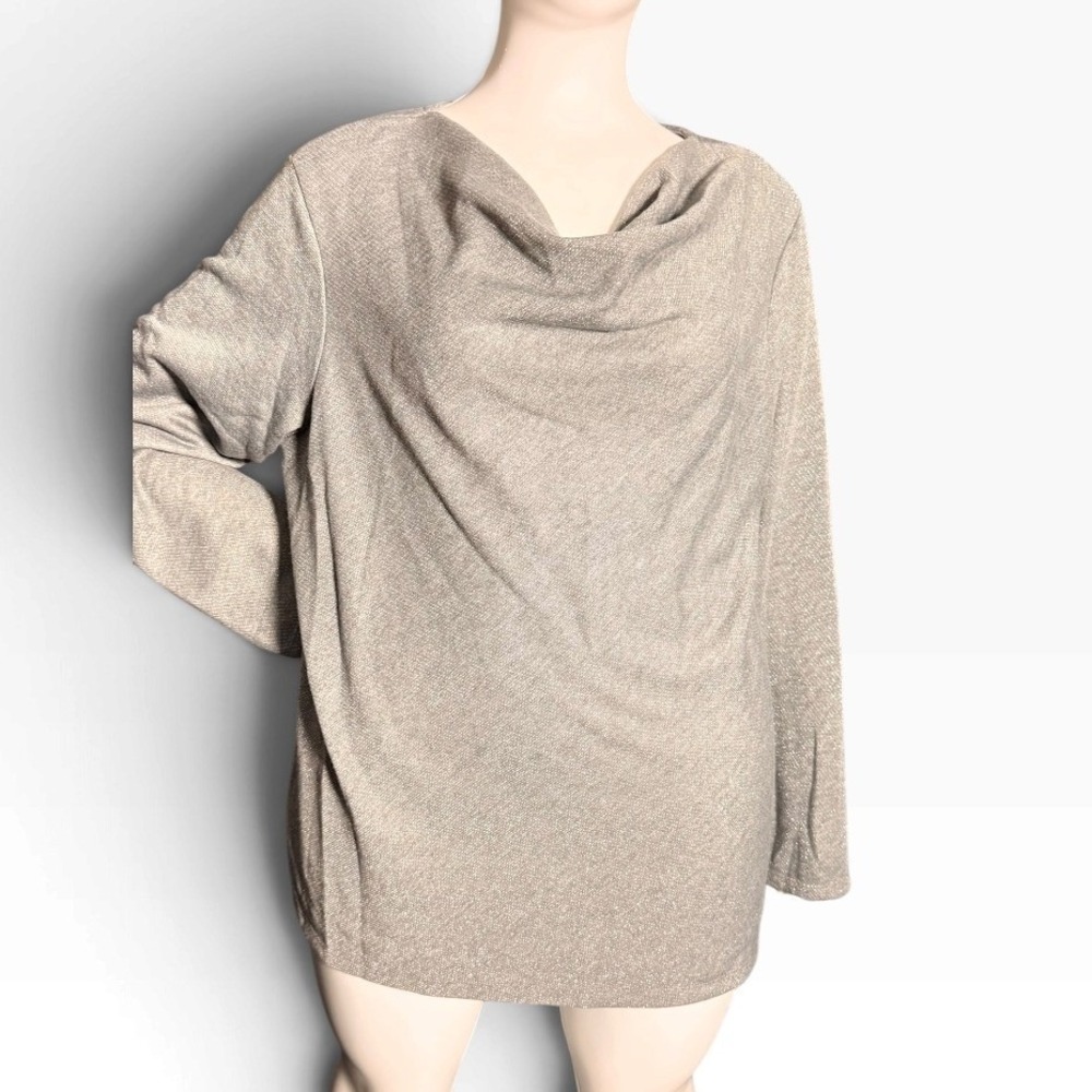 Liz Claiborne XXL Gray Silver Shimmer Cowl Neck Long Sleeve Dressy Knit Top